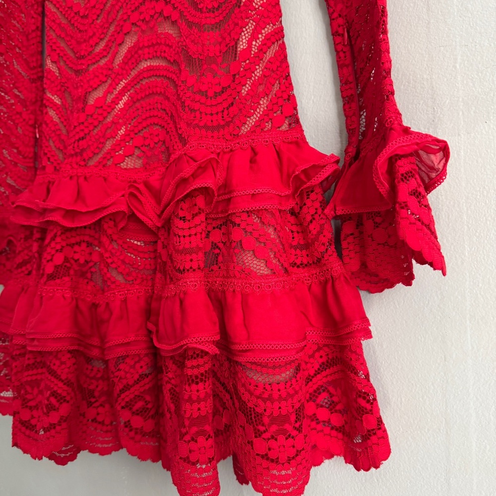 Jonathan Simkhai Red Lace Ruffle Mini Dress Long Sleeve Scallop Cocktail XS sz2 - Picture 12 of 15